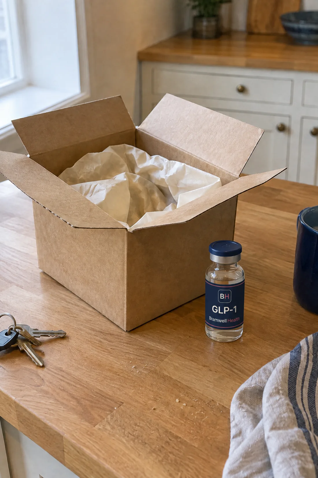 A Bramwell Health GLP-1 vial beside an opened delivery box on a kitchen counter