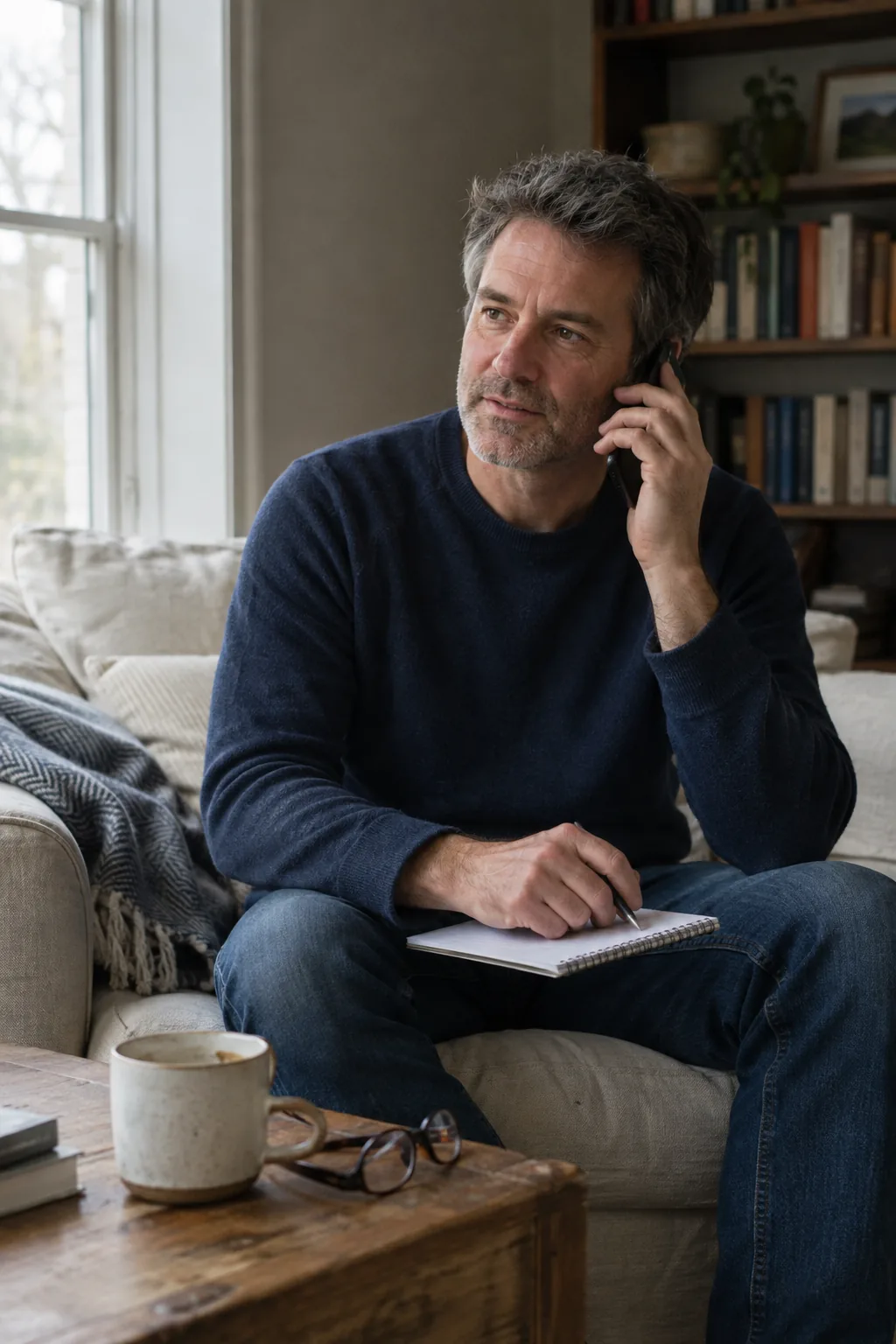 A patient on a phone call with his physician at home, taking notes